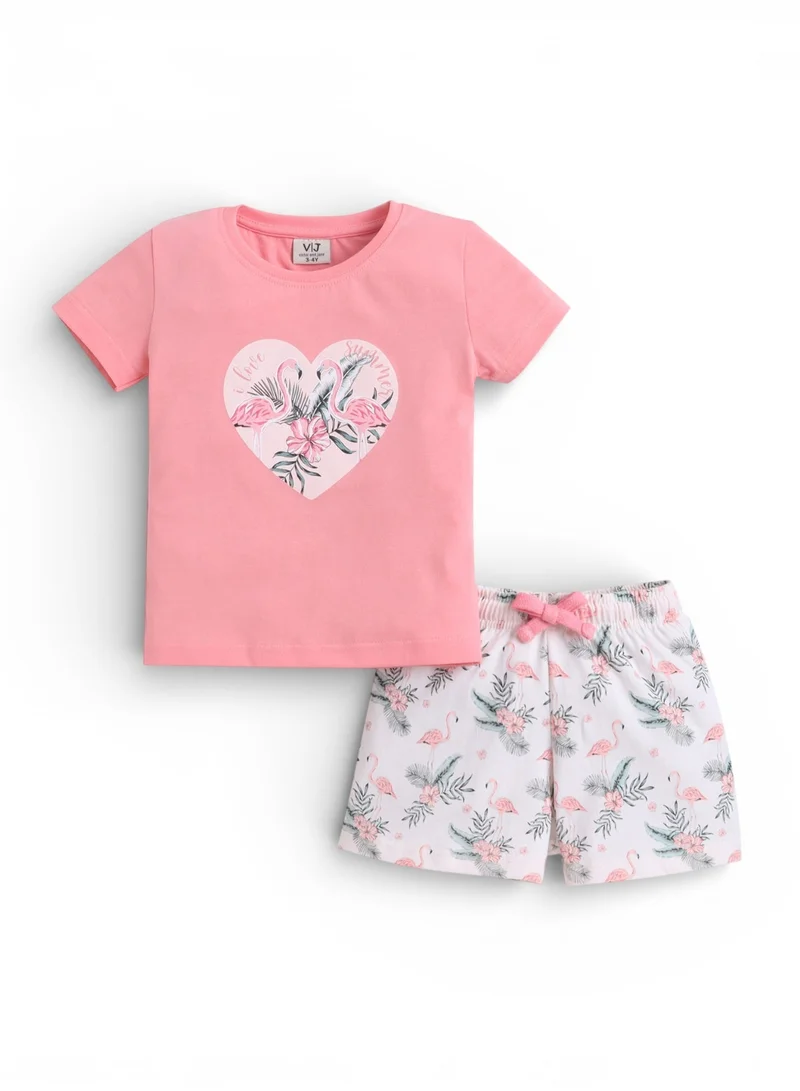 Victor And Jane  Girls Flamingo Print Cotton Pajama Set – T-Shirt & Shorts Nightwear for Women | Best Price UAE